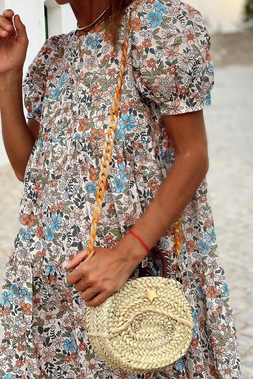 Chic Apricot Bohemian Floral Mini Dress with Puff Sleeves