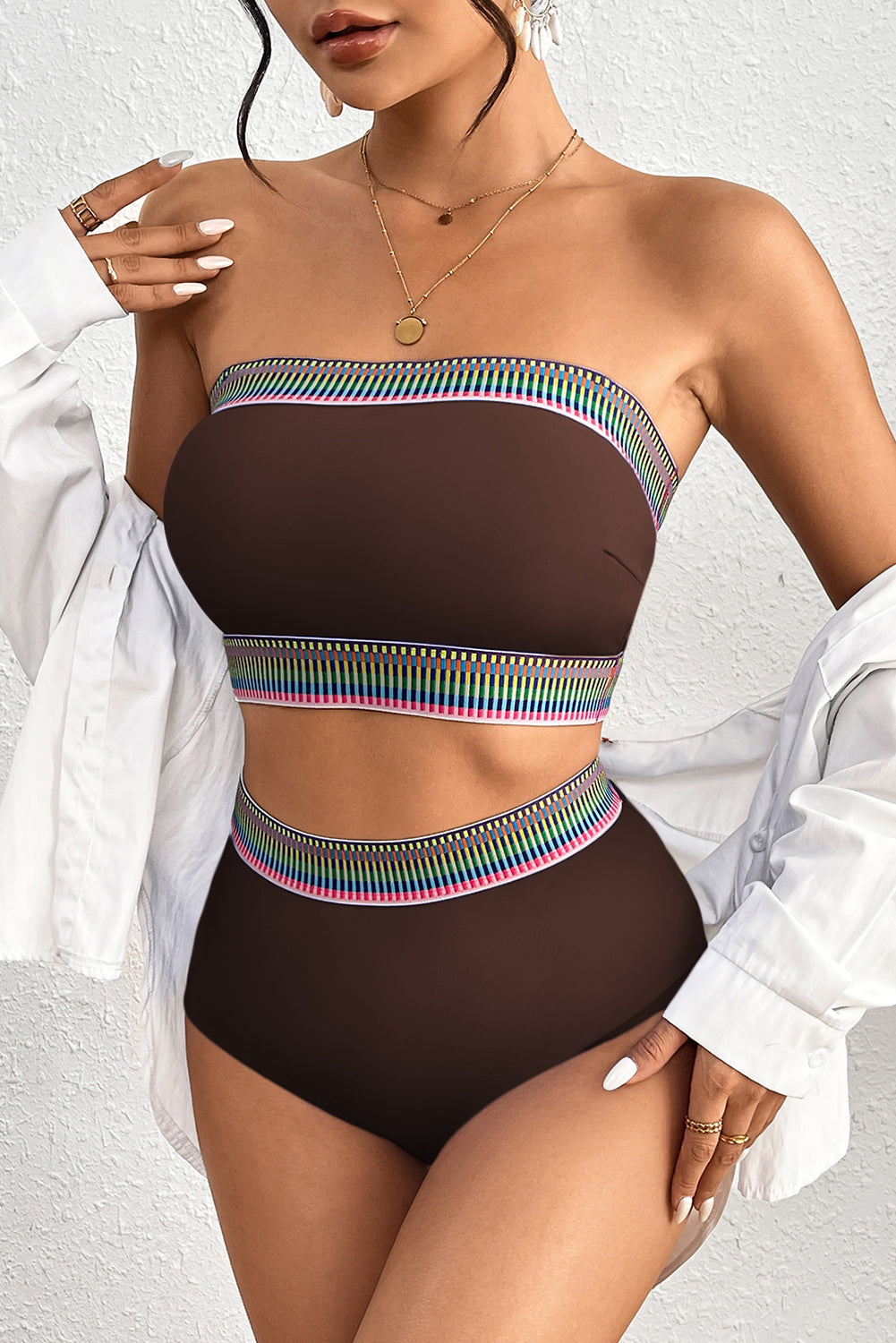 Peach Blossom Contrast Banding Tube Bikini High Waist 2pcs Swimsuit