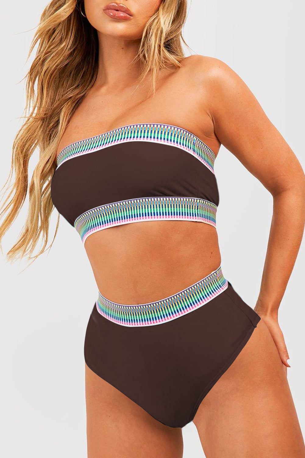 Peach Blossom Contrast Banding Tube Bikini High Waist 2pcs Swimsuit
