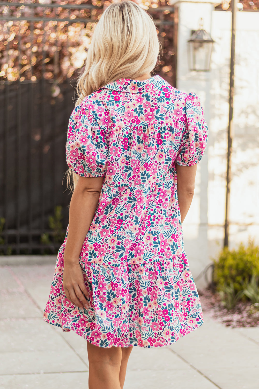 Pink Floral Collared Short Sleeve Mini Dress for Resort Wear