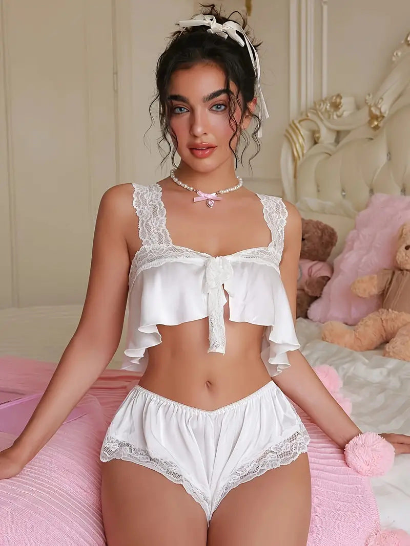 Sexy Top with Lace Straps and Shorts with Lace Accents