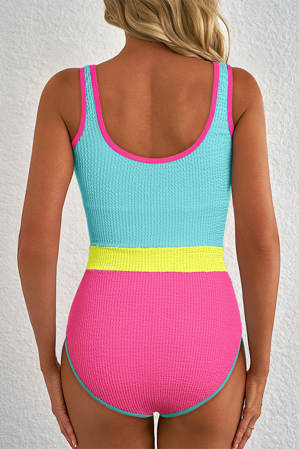 Rose Red Textured Color Block Patchwork One Piece Swimsuit