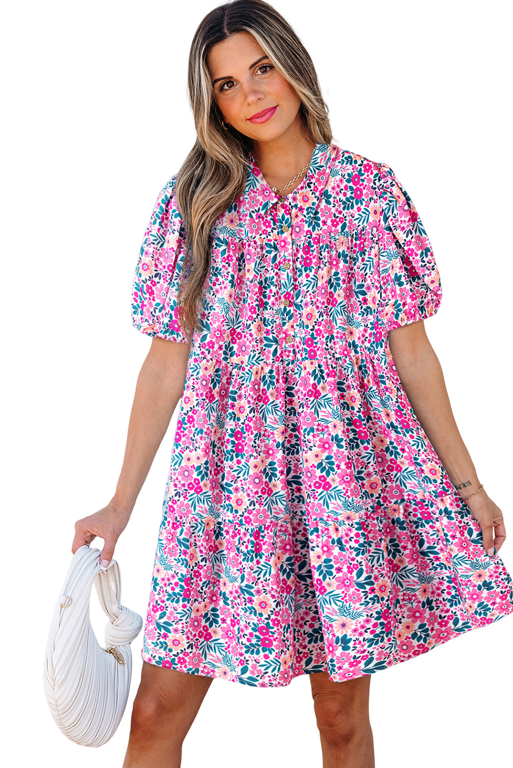 Pink Floral Collared Short Sleeve Mini Dress for Resort Wear