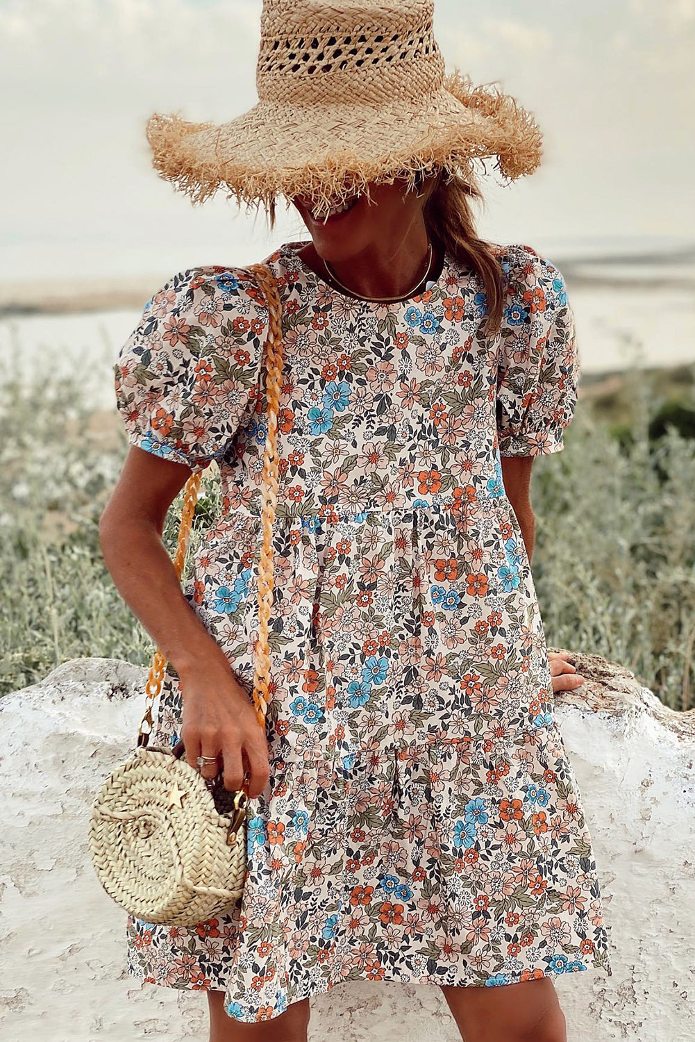 Chic Apricot Bohemian Floral Mini Dress with Puff Sleeves