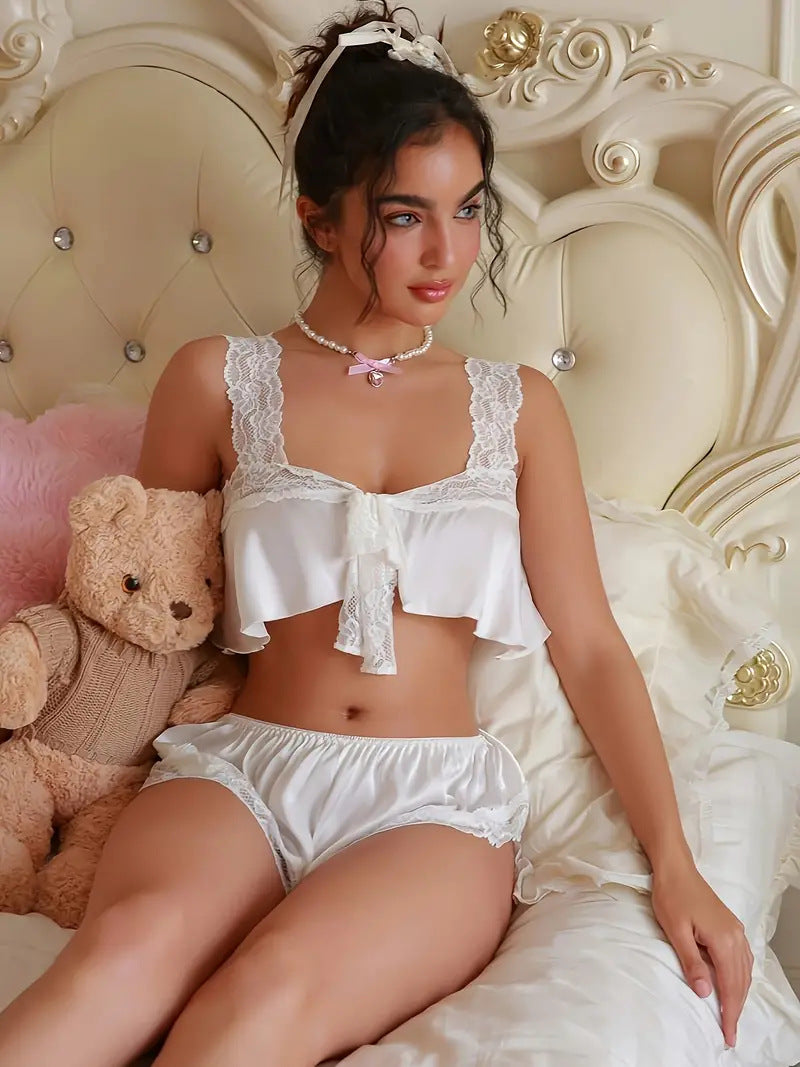 Sexy Top with Lace Straps and Shorts with Lace Accents
