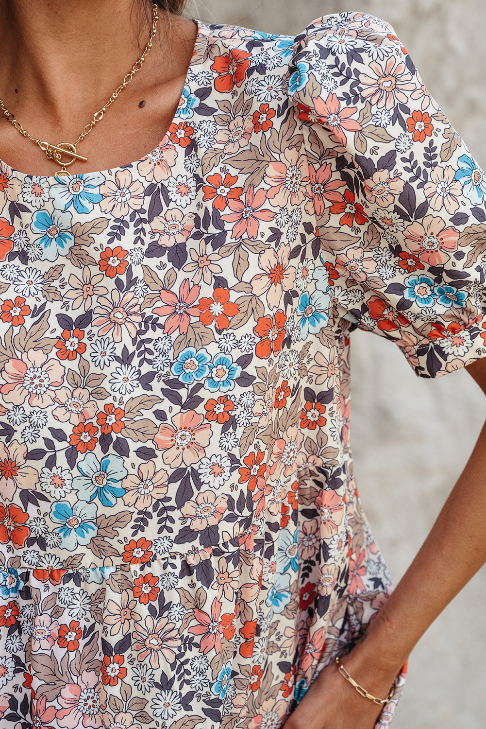 Chic Apricot Bohemian Floral Mini Dress with Puff Sleeves
