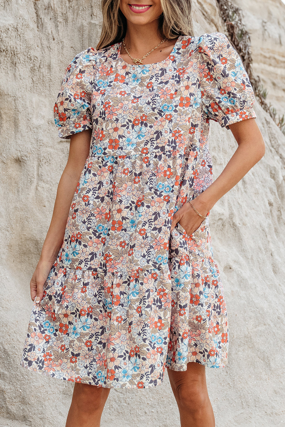 Chic Apricot Bohemian Floral Mini Dress with Puff Sleeves