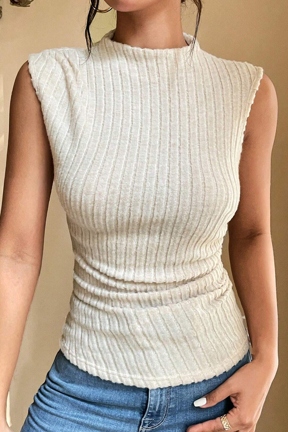 Trendy Apricot Ribbed Knit Mock Neck Tank for Chic Style