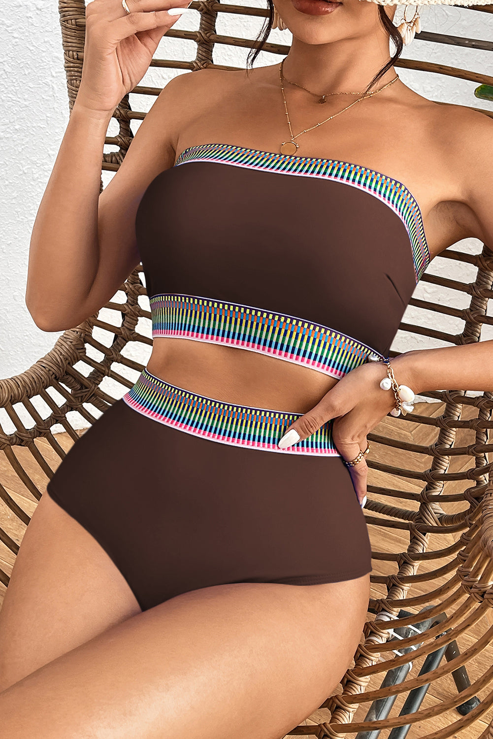 Peach Blossom Contrast Banding Tube Bikini High Waist 2pcs Swimsuit
