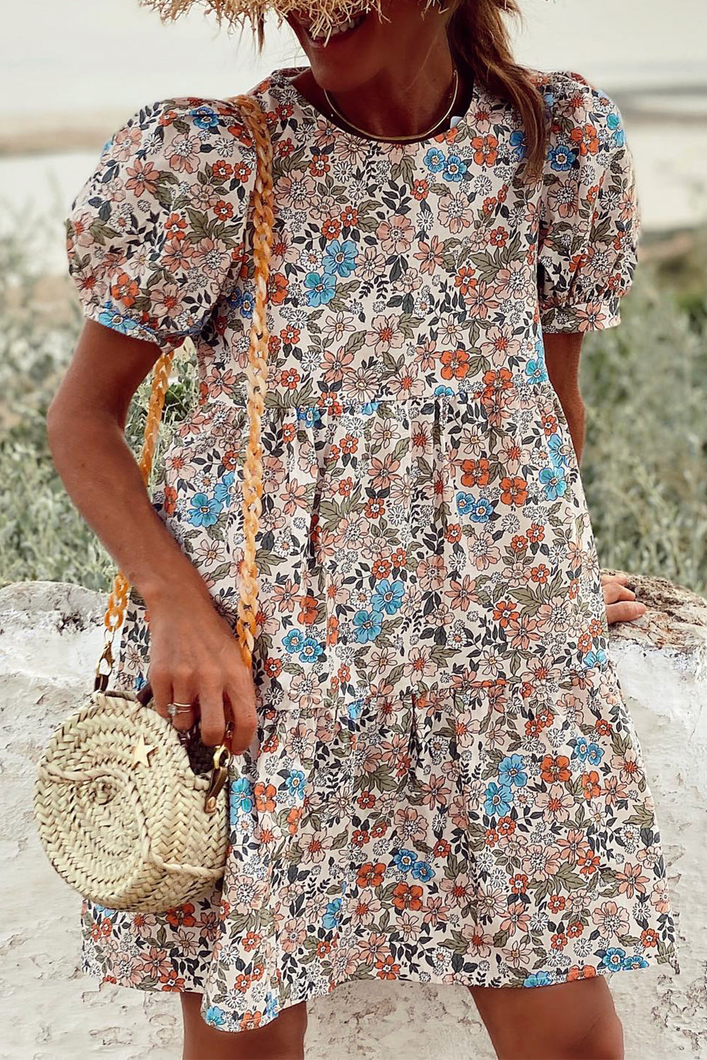 Chic Apricot Bohemian Floral Mini Dress with Puff Sleeves