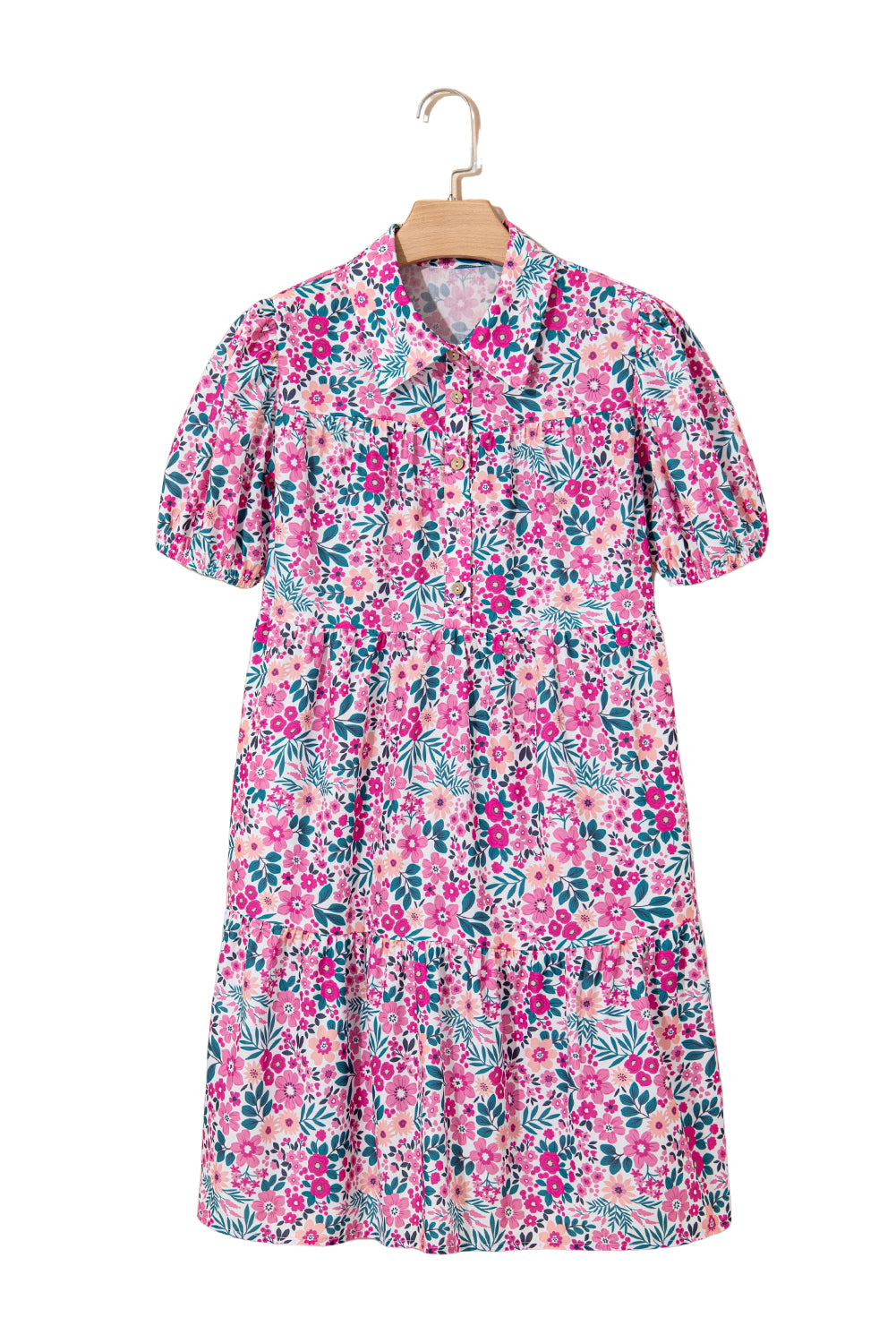 Pink Floral Collared Short Sleeve Mini Dress for Resort Wear