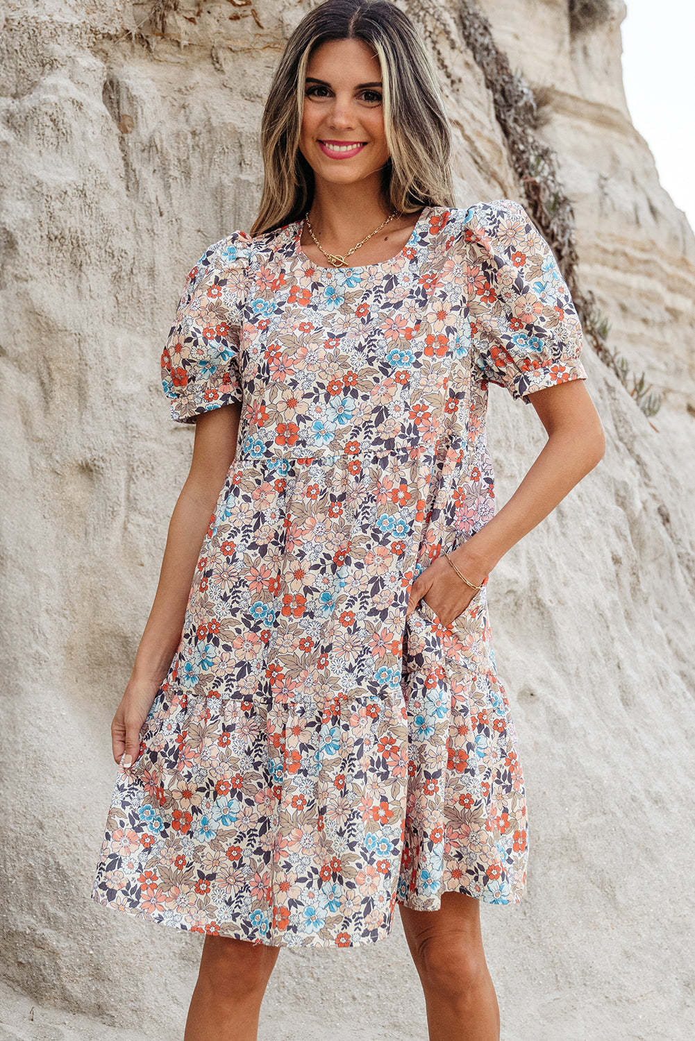 Chic Apricot Bohemian Floral Mini Dress with Puff Sleeves