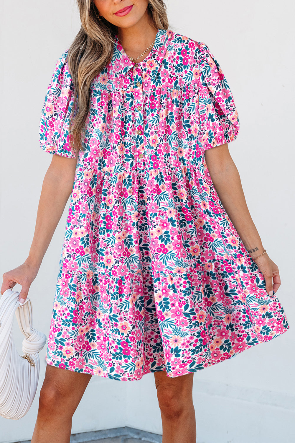 Pink Floral Collared Short Sleeve Mini Dress for Resort Wear