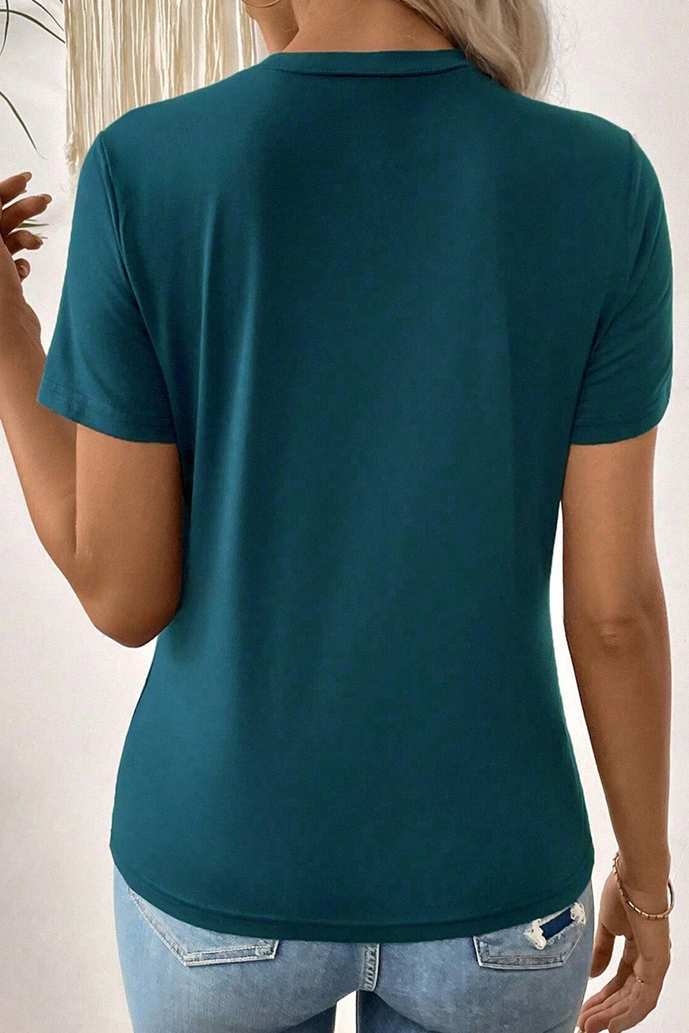 Blue Sapphire Solid Color Toothpick Stripe Round Neck Short Sleeve Shirt