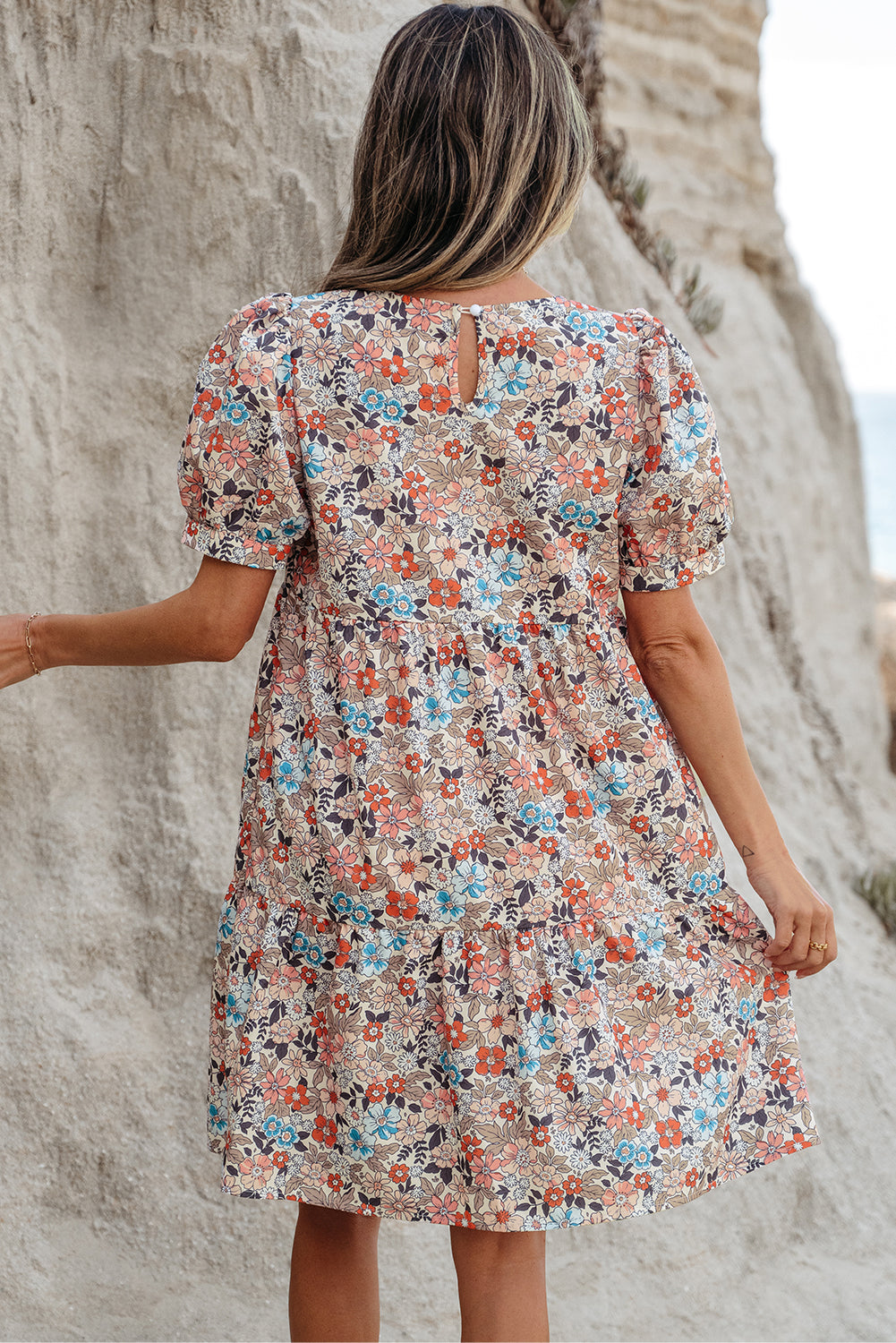 Chic Apricot Bohemian Floral Mini Dress with Puff Sleeves