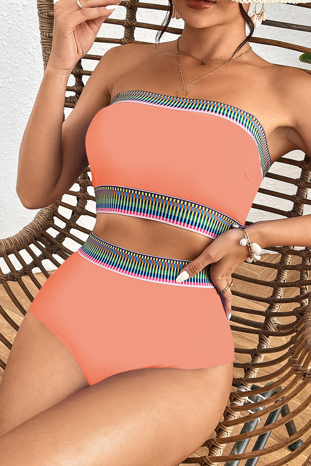 Peach Blossom Contrast Banding Tube Bikini High Waist 2pcs Swimsuit
