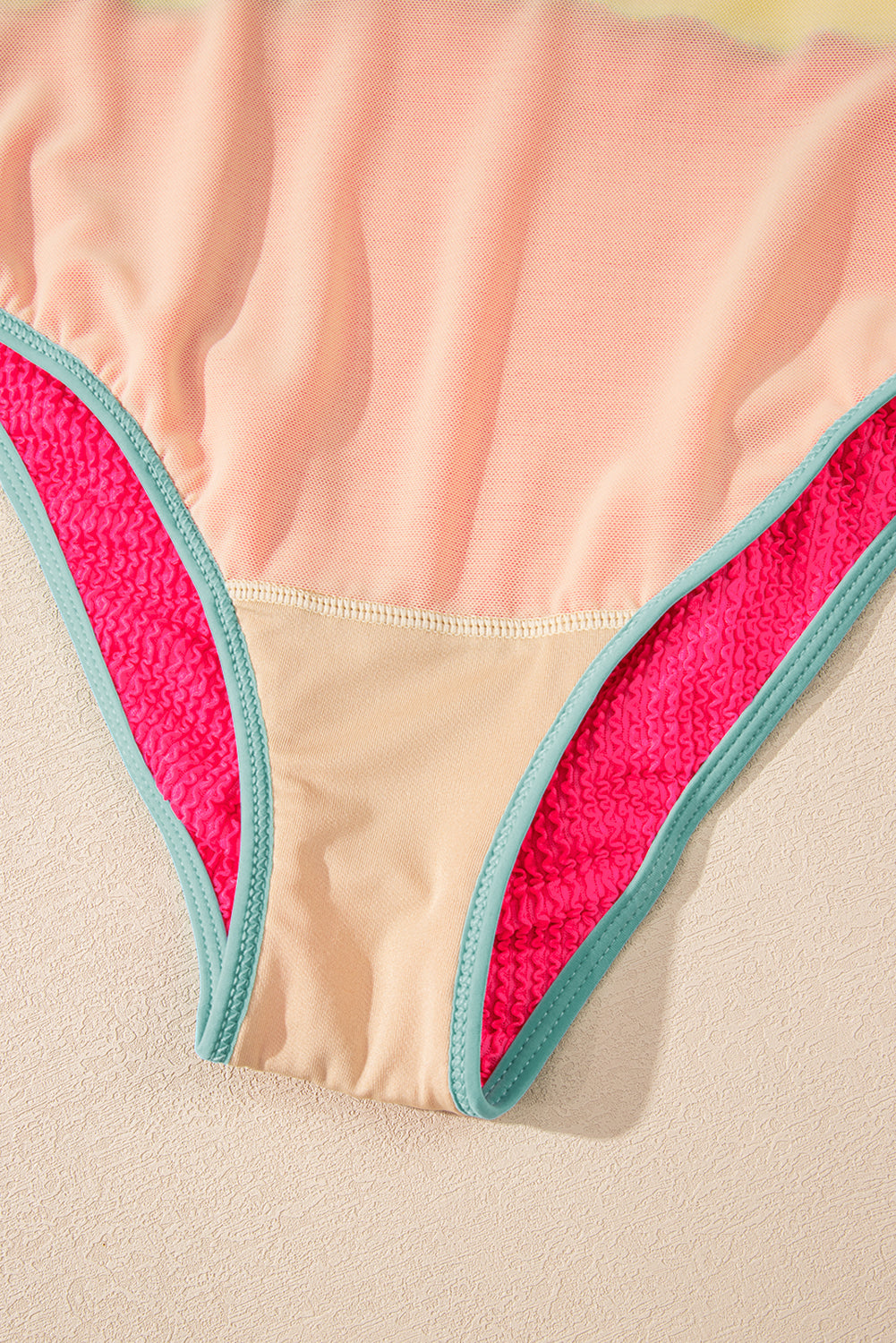 Rose Red Textured Color Block Patchwork One Piece Swimsuit