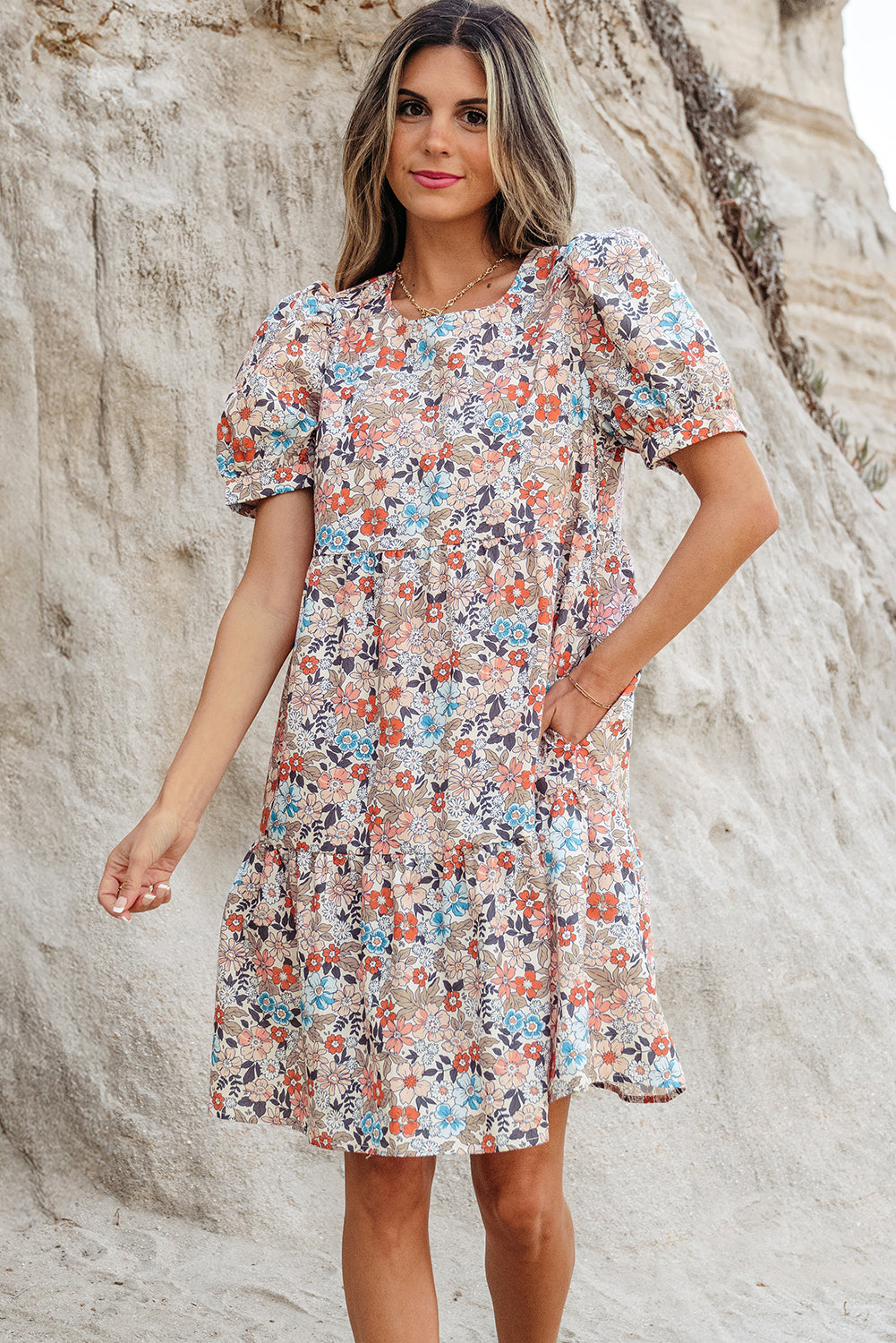 Chic Apricot Bohemian Floral Mini Dress with Puff Sleeves
