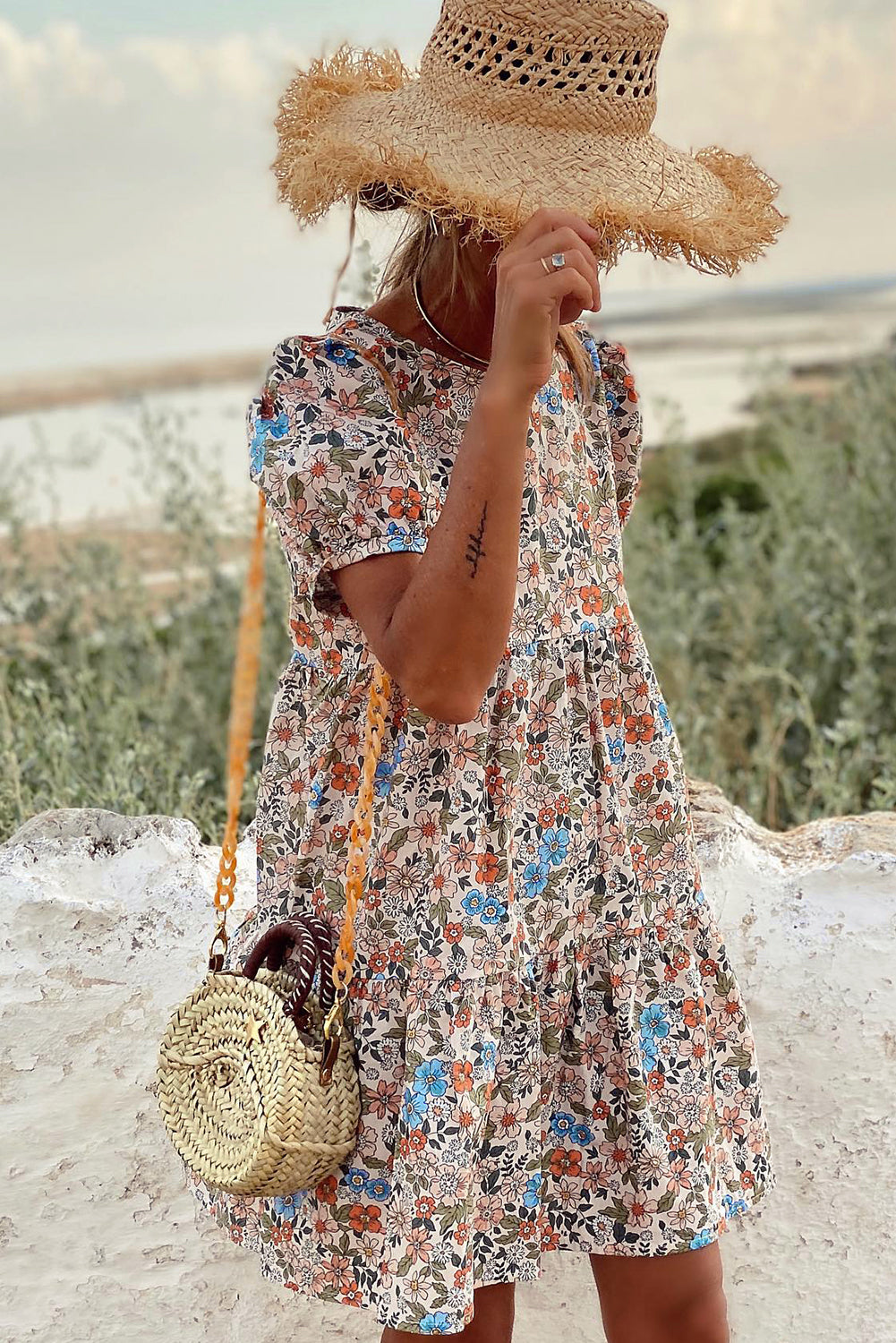 Chic Apricot Bohemian Floral Mini Dress with Puff Sleeves