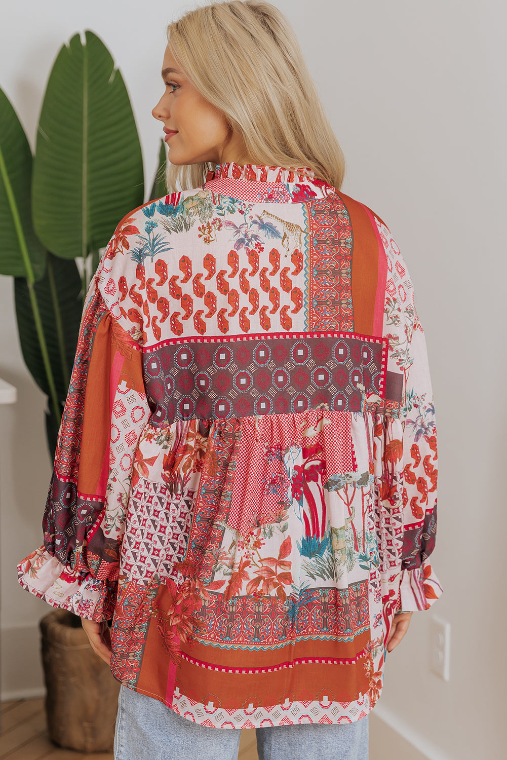 Free Spirited Boho Geometric Mixed Print Bubble Sleeve Shirt