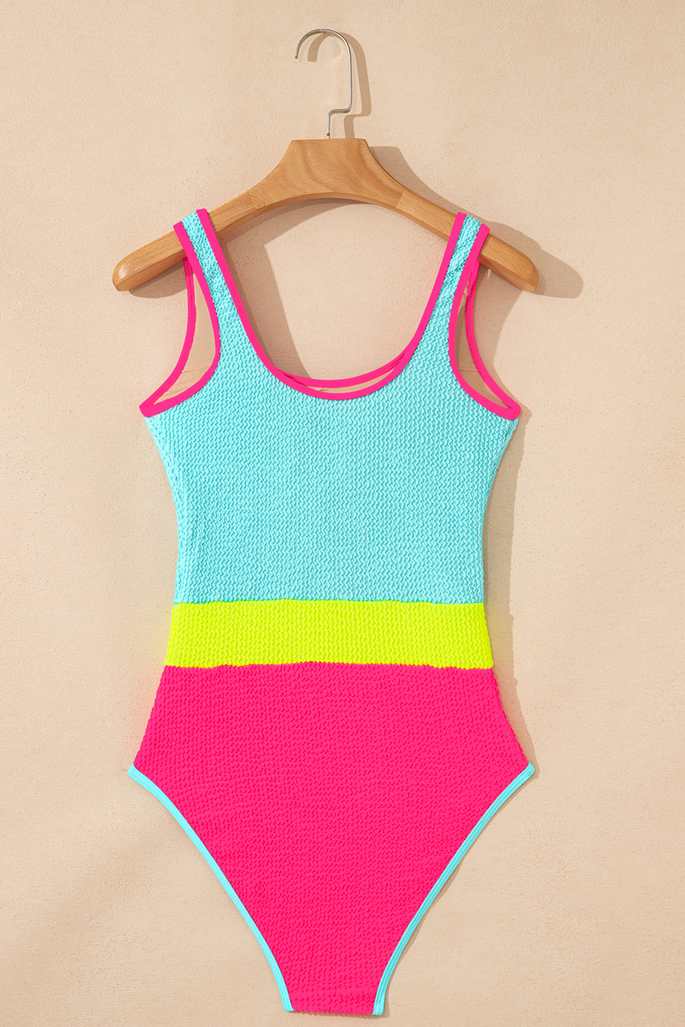 Rose Red Textured Color Block Patchwork One Piece Swimsuit