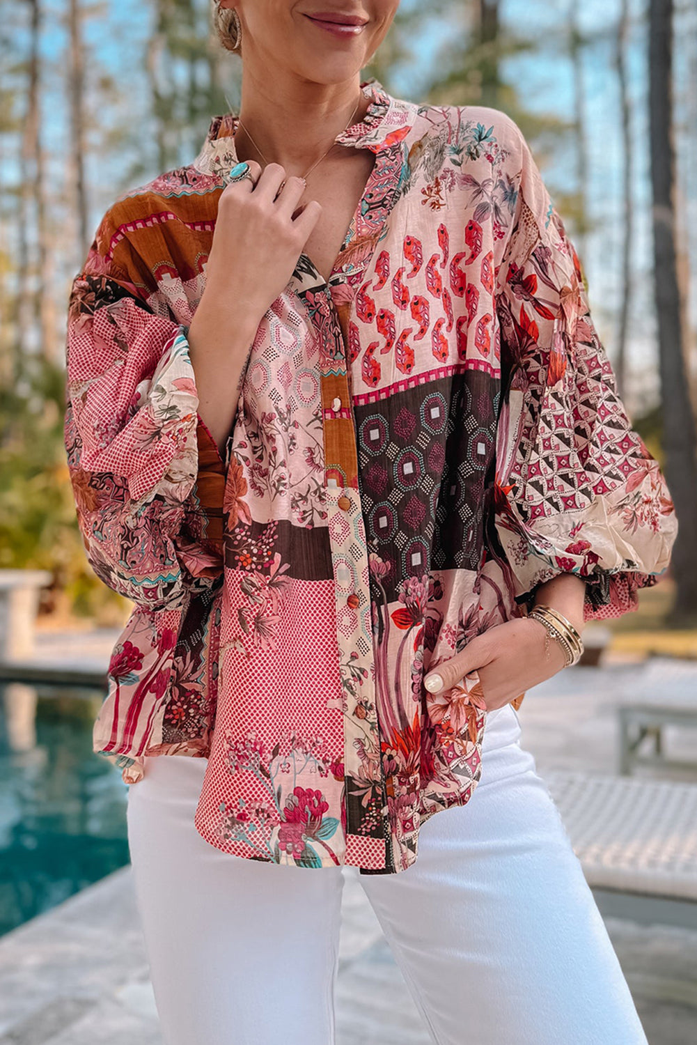 Free Spirited Boho Geometric Mixed Print Bubble Sleeve Shirt