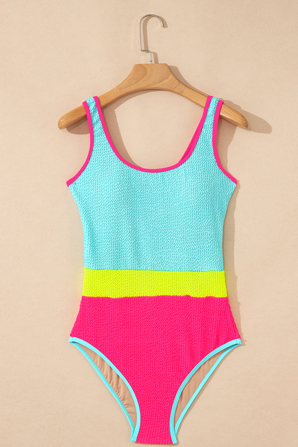 Rose Red Textured Color Block Patchwork One Piece Swimsuit