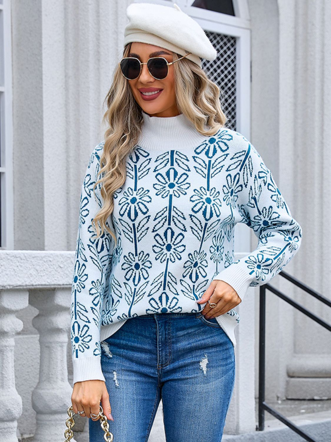 Flower Turtleneck Long Sleeve Sweater