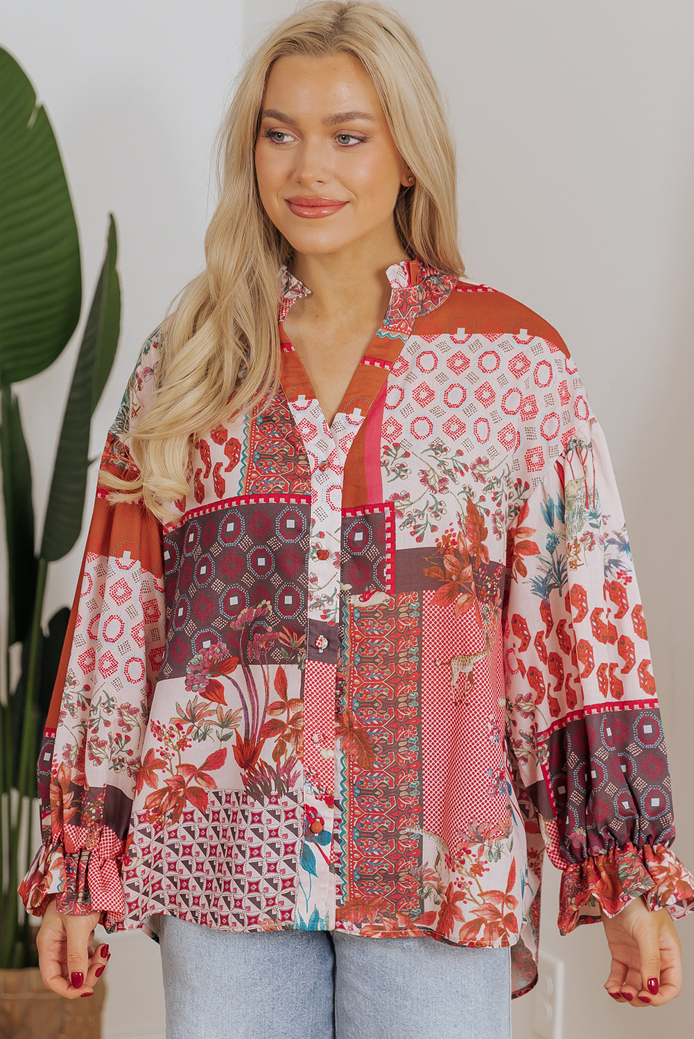 Free Spirited Boho Geometric Mixed Print Bubble Sleeve Shirt