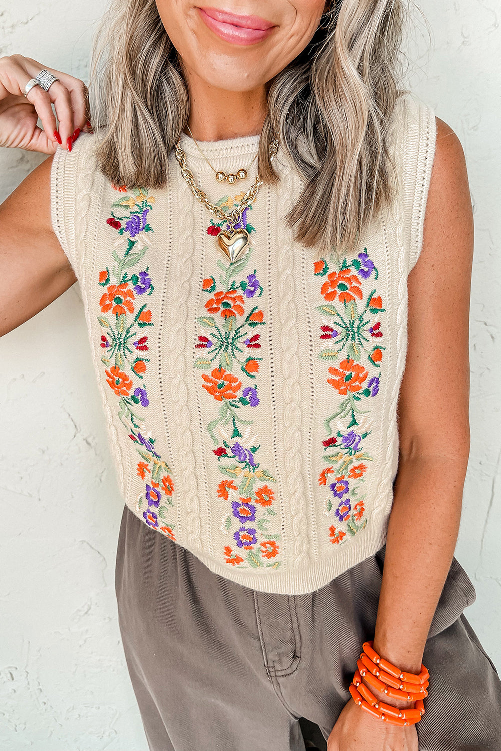 Jet Stream Embroidered Floral Cable Knit Sweater Vest