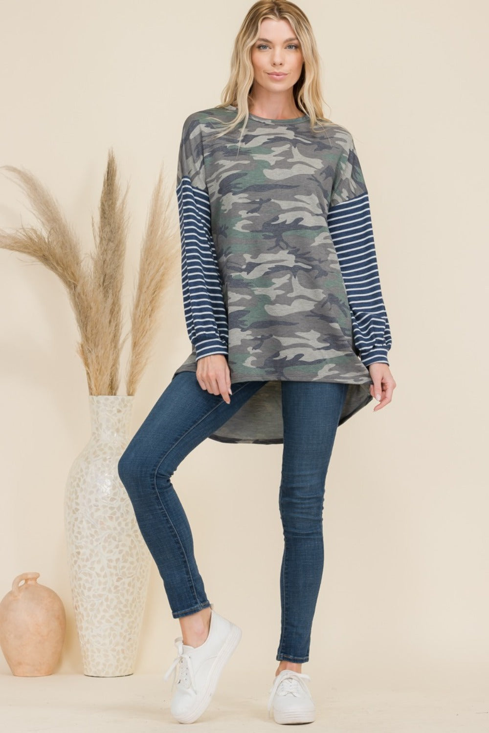 Full Size Camo Print High-Low T-Shirt with Stripe Sleeves