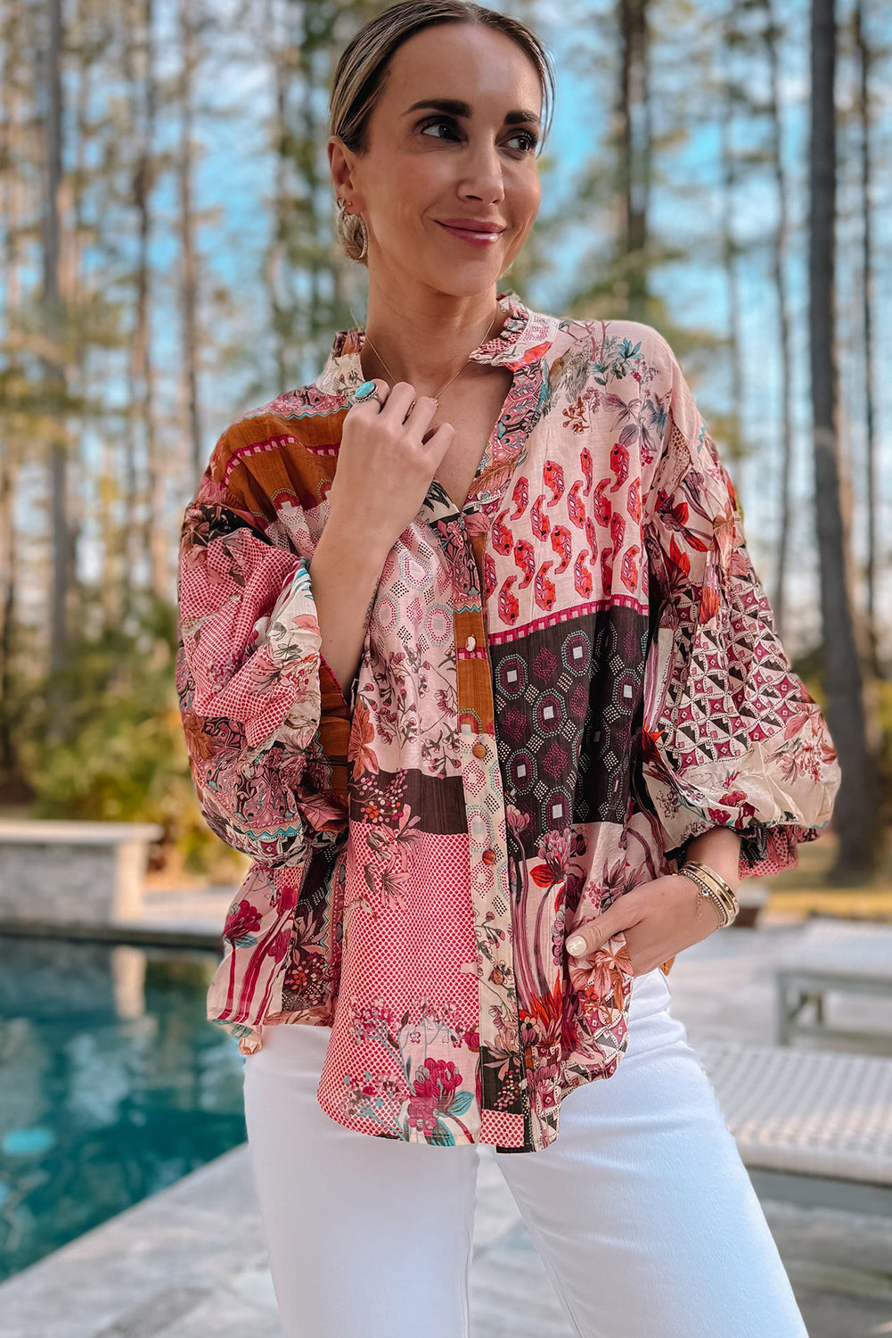 Free Spirited Boho Geometric Mixed Print Bubble Sleeve Shirt