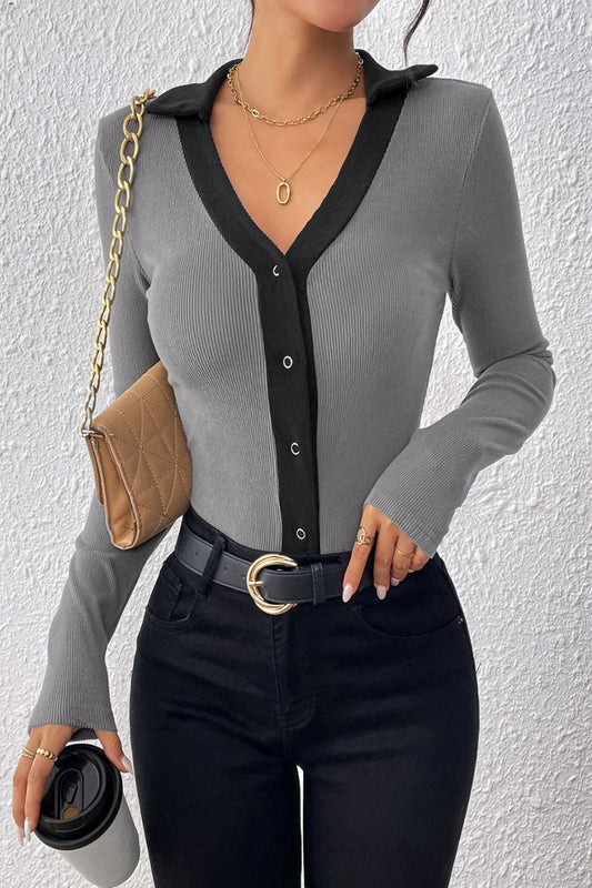 Perfee Contrast Trim Johnny Collar Long Sleeve Bodysuit