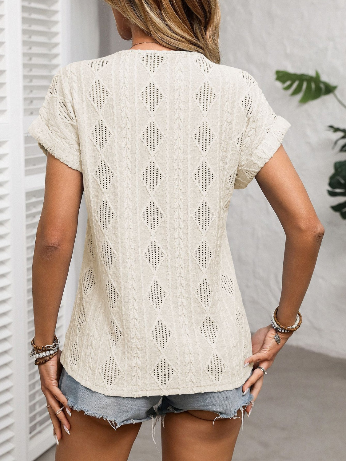 Openwork V-Neck Short Sleeve Shirt