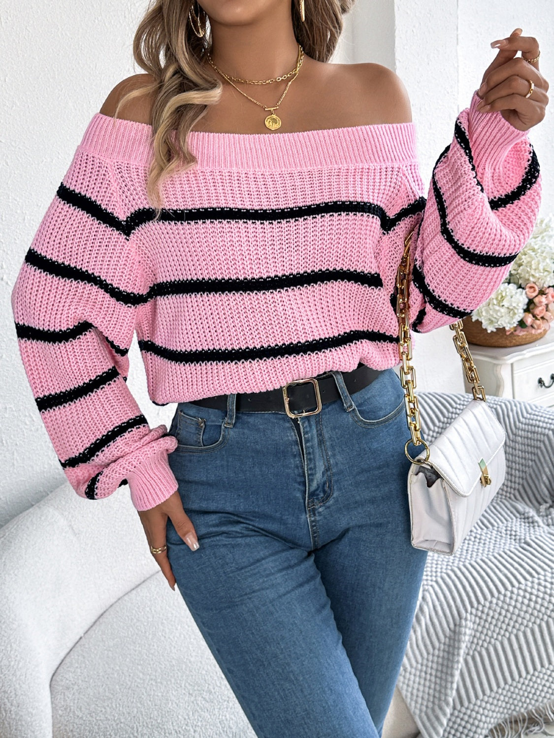 Striped Off-Shoulder Long Sleeve Sweater