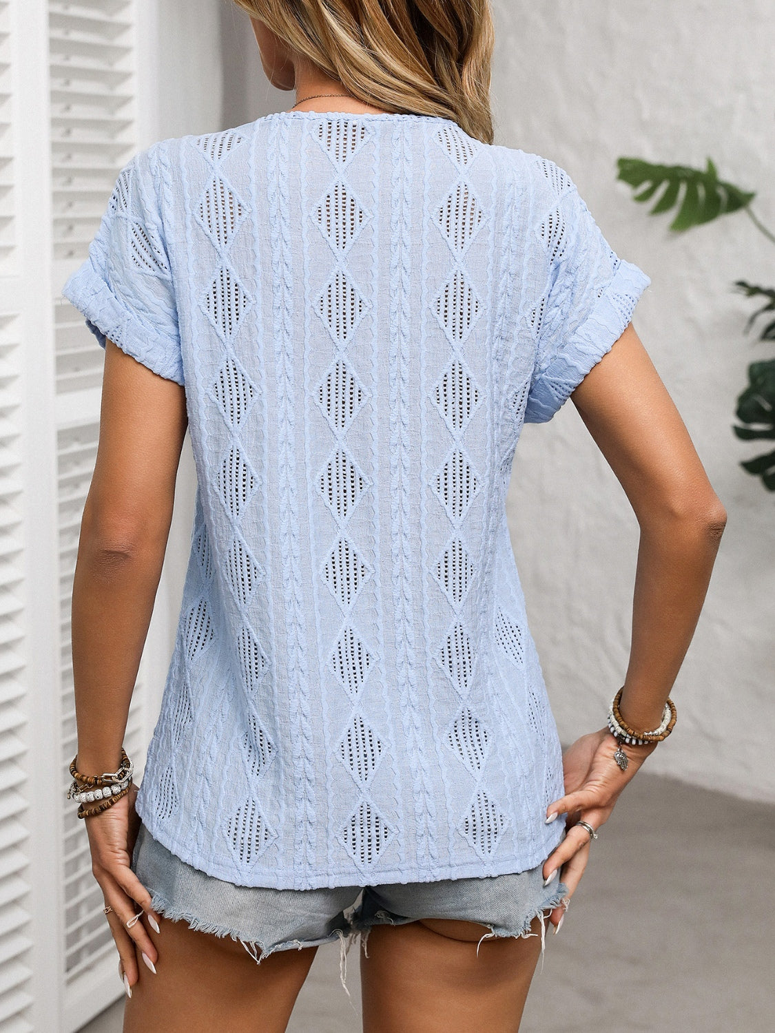 Openwork V-Neck Short Sleeve Shirt