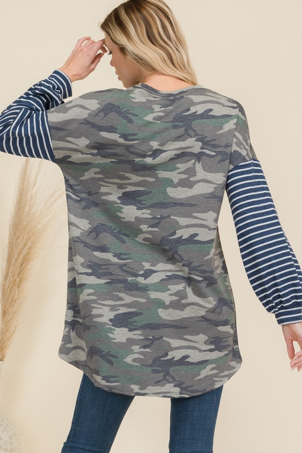 Full Size Camo Print High-Low T-Shirt with Stripe Sleeves