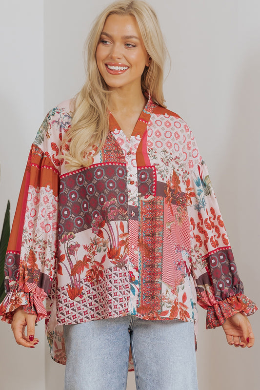 Free Spirited Boho Geometric Mixed Print Bubble Sleeve Shirt