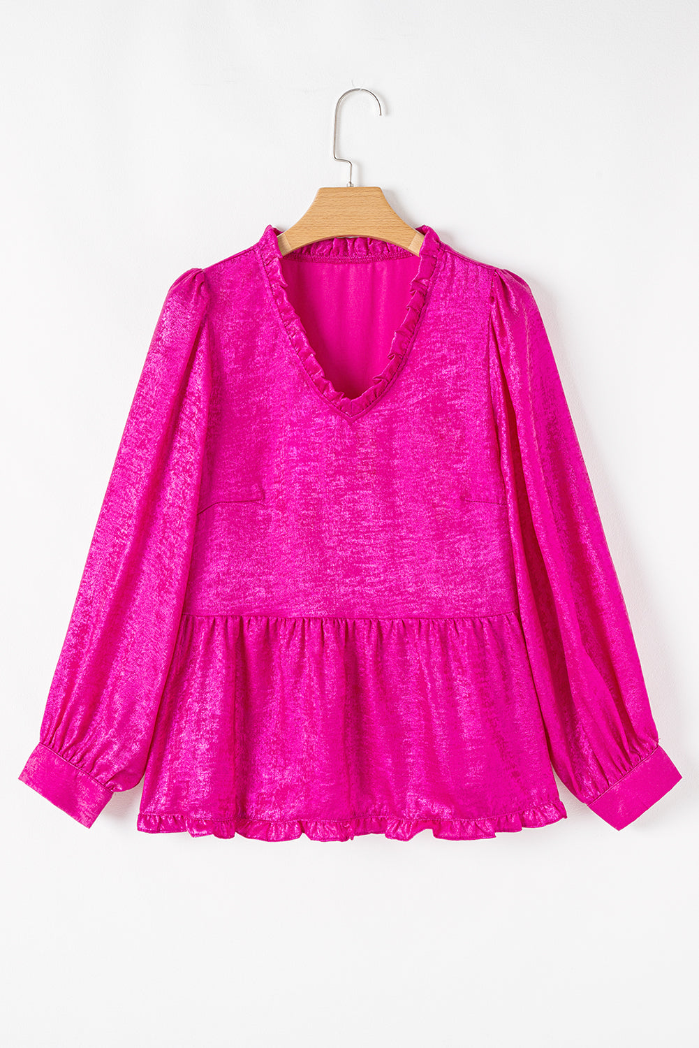 Rose Red Metallic Frilled V Neck Puff Sleeve Babydoll Blouse