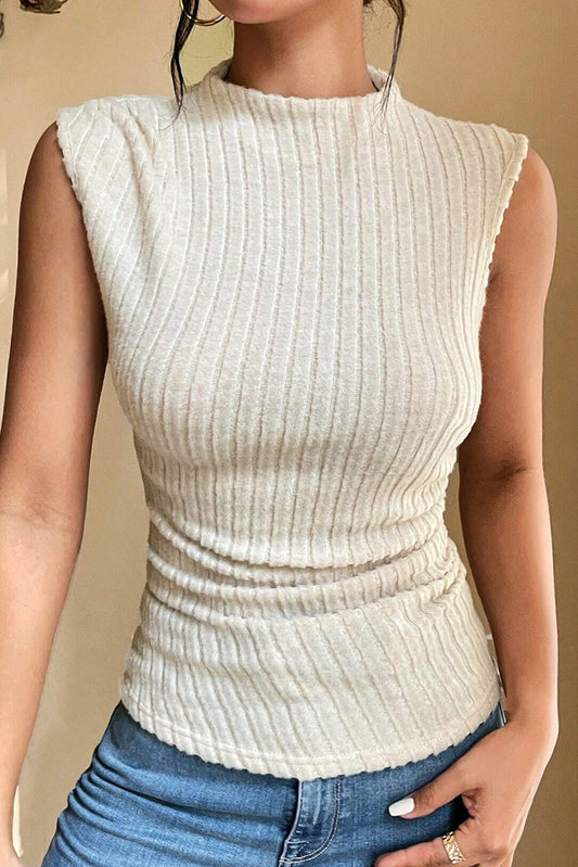 Trendy Apricot Ribbed Knit Mock Neck Tank for Chic Style