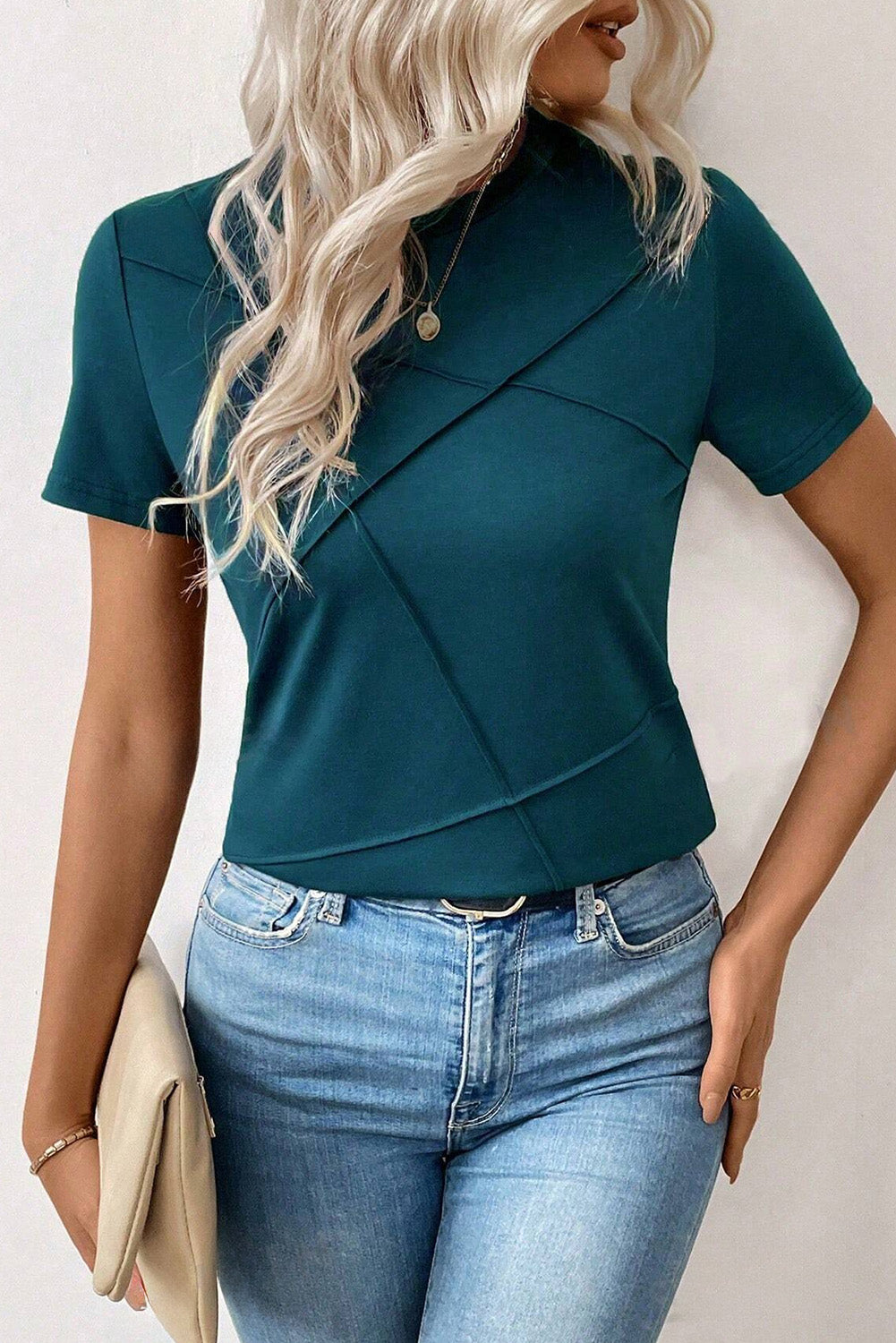 Blue Sapphire Solid Color Toothpick Stripe Round Neck Short Sleeve Shirt