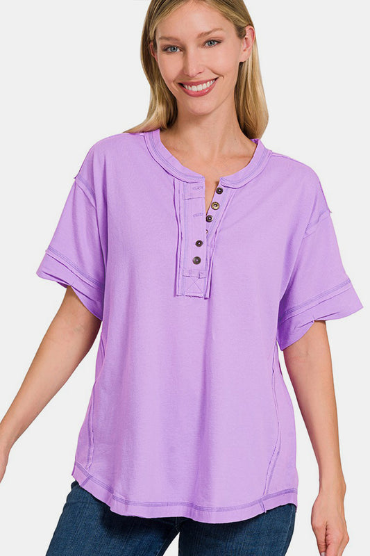 Zenana Exposed Seam Half Button Short Sleeve Top