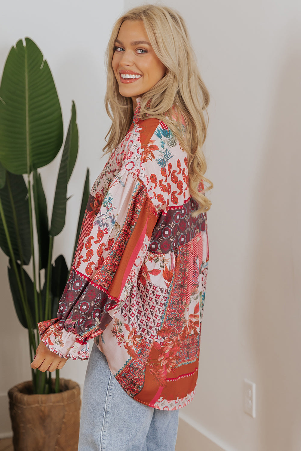 Free Spirited Boho Geometric Mixed Print Bubble Sleeve Shirt