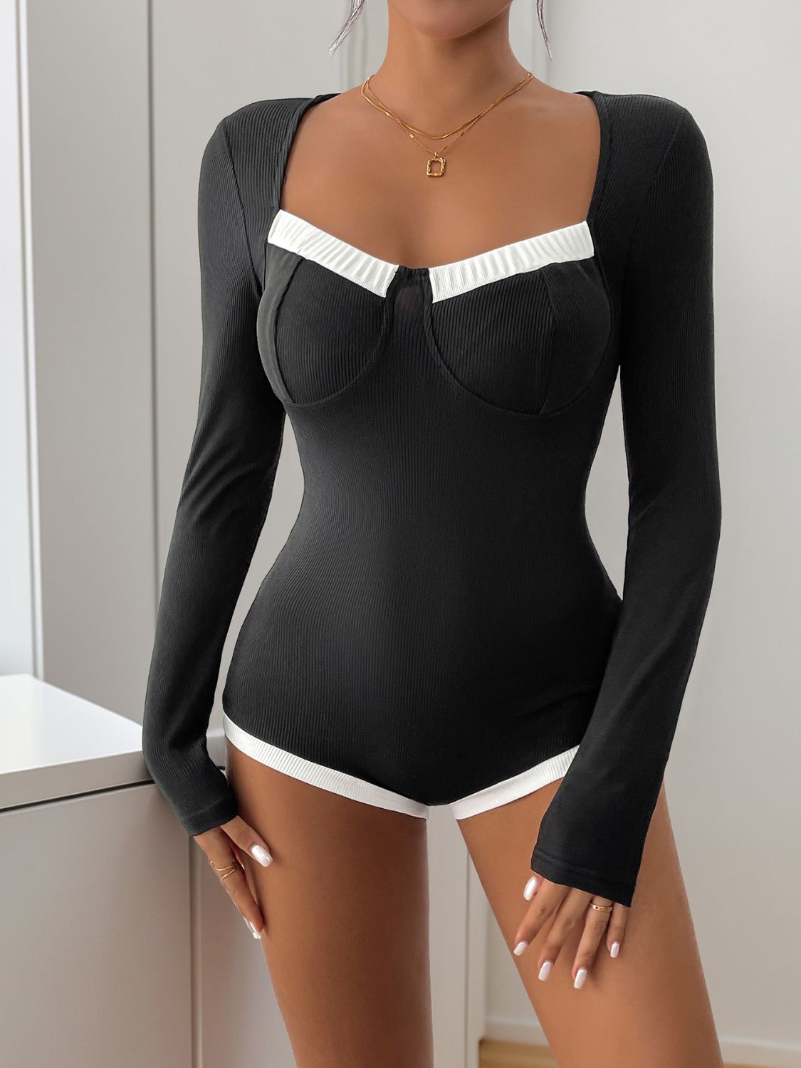 Ribbed Contrast Long Sleeve Bodysuit