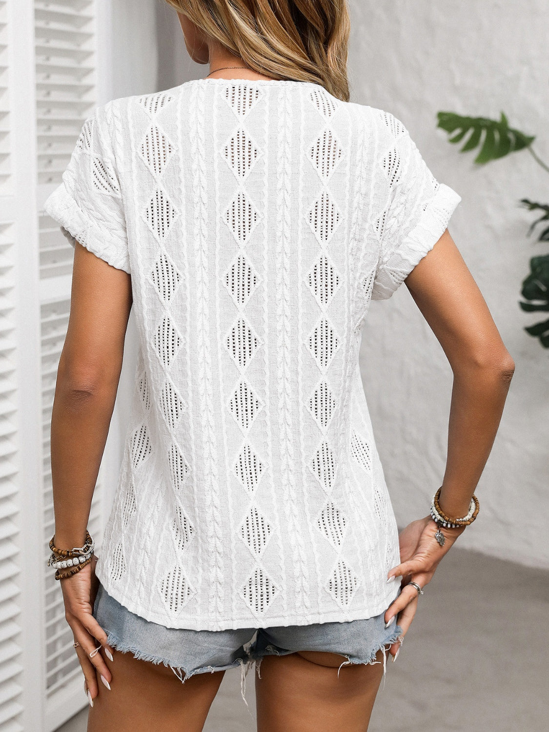 Openwork V-Neck Short Sleeve Shirt