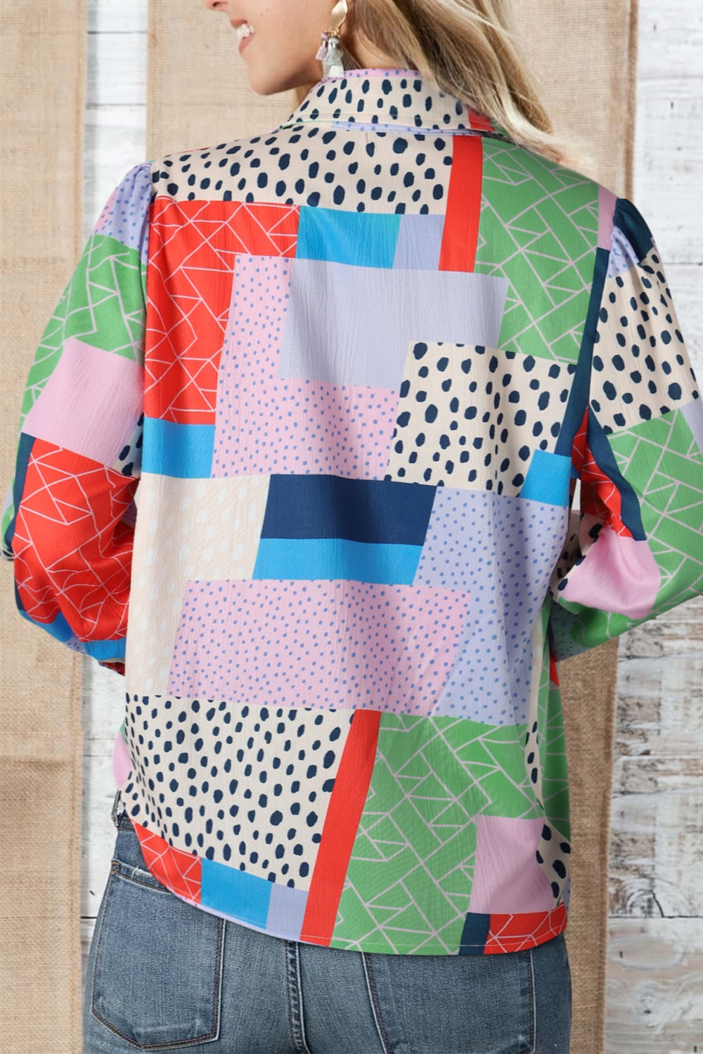 Double Take Patchwork Puff Sleeve Collared Shirt