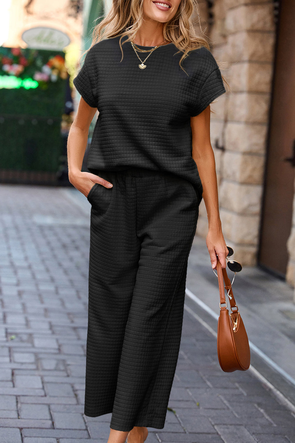 Parchment Solid Color Textured Short Sleeve Top and Casual Pants Set
