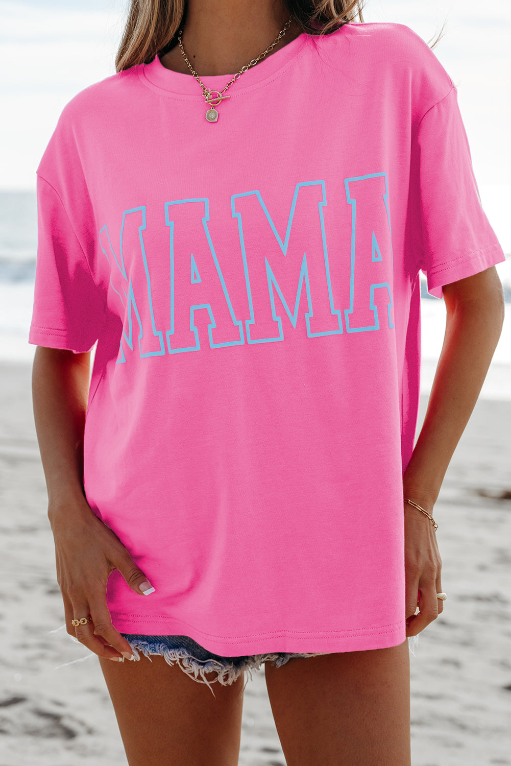 Bright Pink MAMA Letter Graphic Neon T Shirt