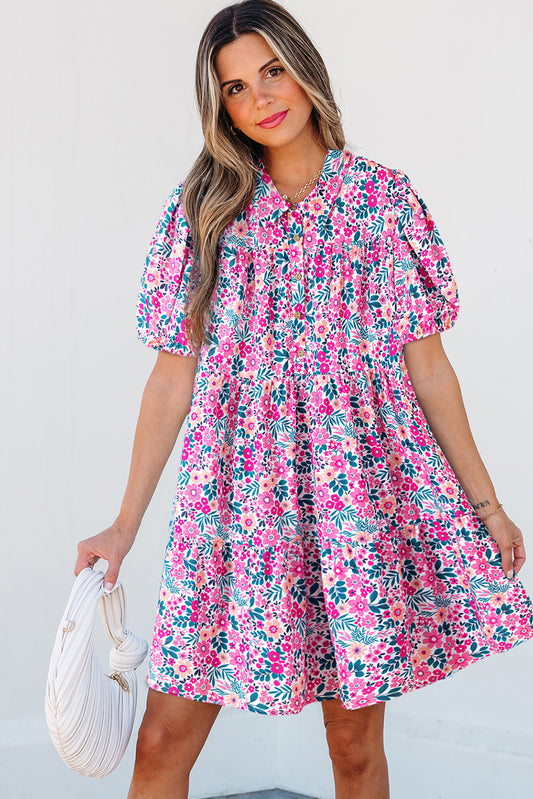 Pink Floral Collared Short Sleeve Mini Dress for Resort Wea