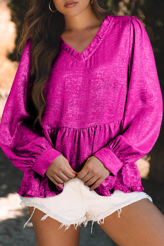 Rose Red Metallic Frilled V Neck Puff Sleeve Babydoll Blouse